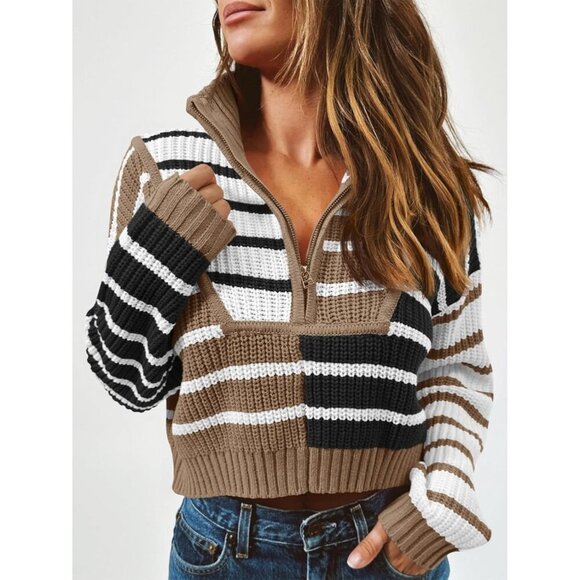 Women’s Coffe Saodi mallsu Striped Cropped Zip Up Sweater, Color Block - Picture 5 of 6